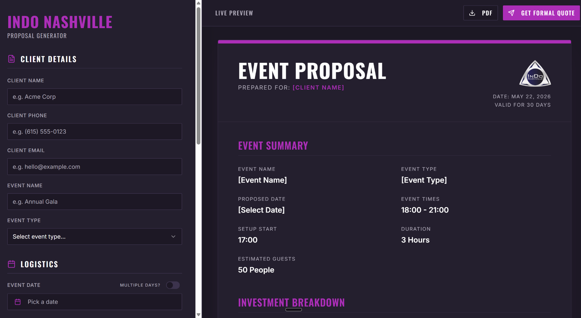 Live Venue Quote tool built for InDo Nashville — proposal generator with client details form and event proposal preview